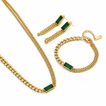 3 Pcs Stainless Steel Necklace Set With Green Zircon