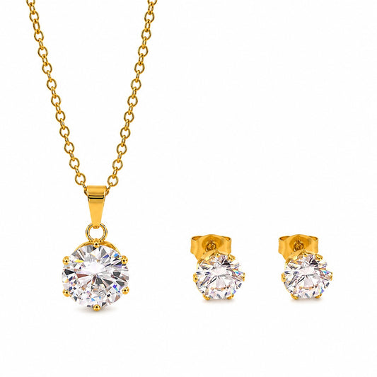 Zircon Pendant & Studs Set, Golden Base