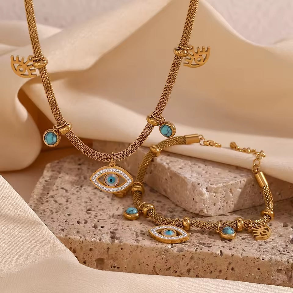 Collar y pulsera de cuentas de tabique nasal con ojo turquesa
