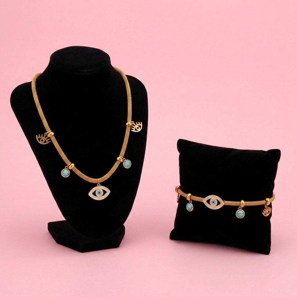 Set de Collar y Pulsera de Ojo Turco Turquesa