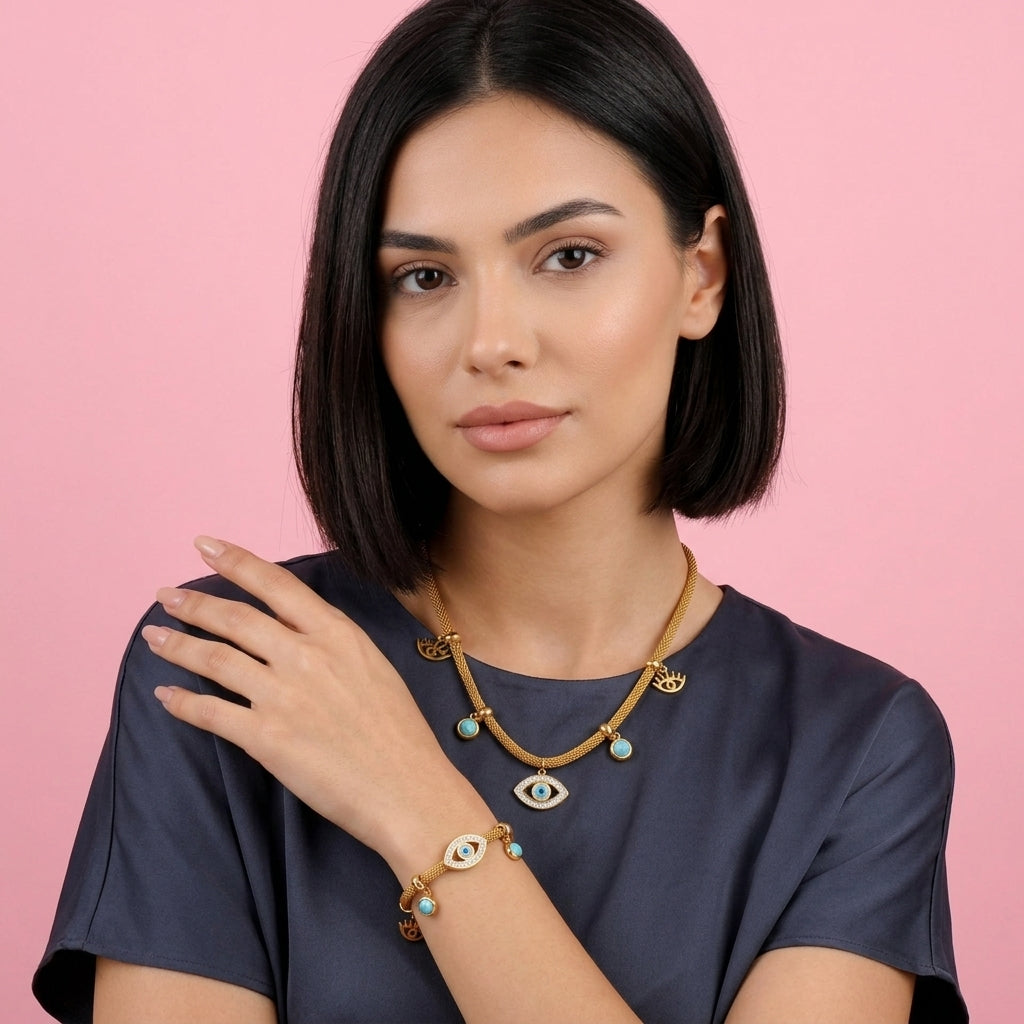 Set de Collar y Pulsera de Ojo Turco Turquesa