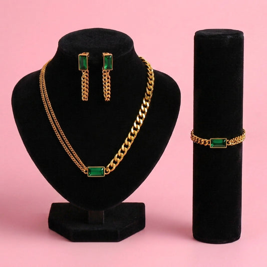 Set de 3 Collares de Acero Inoxidable con Circonia Verde
