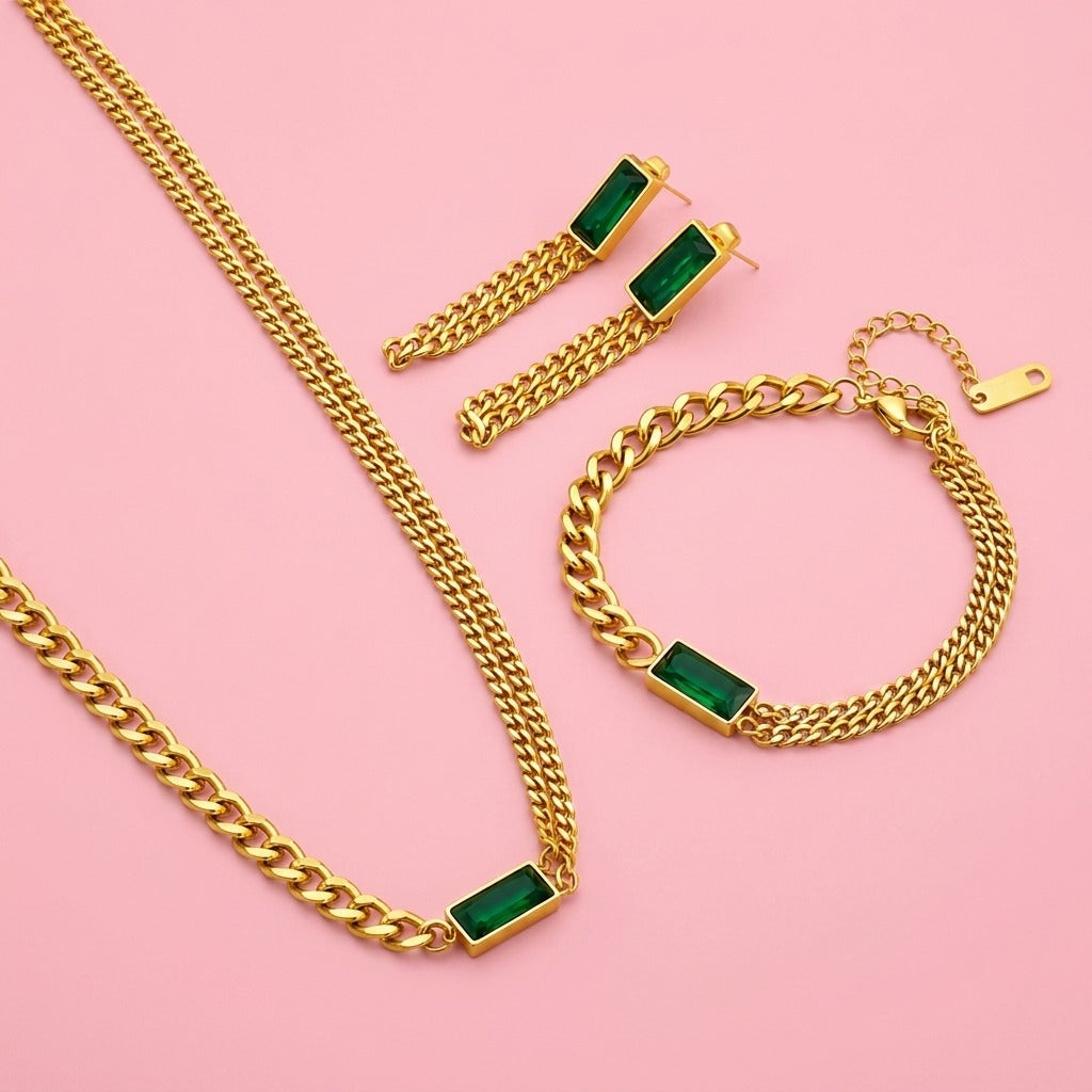 Set de 3 Collares de Acero Inoxidable con Circonia Verde