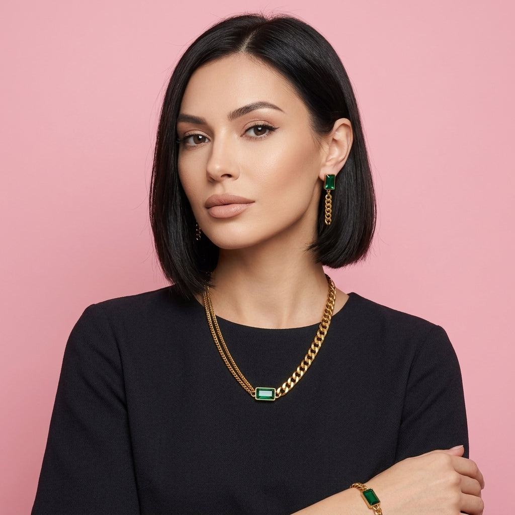 Set de 3 Collares de Acero Inoxidable con Circonia Verde
